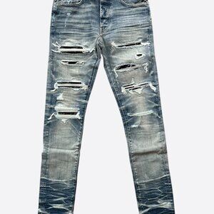Amiri Vintage Indigo Black Sequin Patch Thrasher Jeans